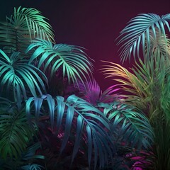 Tropical and Palm Leaves in Vibrant Bold Gradient Holographic Neon Colors | Minimal Surrealism Concept Art