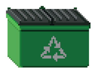 pixelated green trash can on white background, pixel art vector illustration