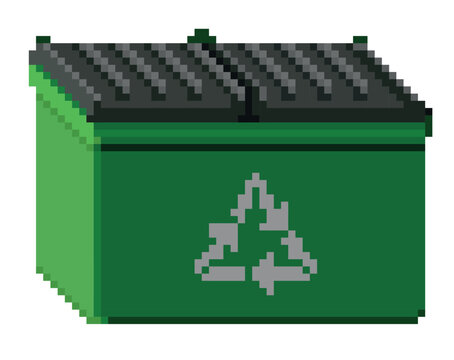 pixelated green trash can on white background, pixel art vector illustration