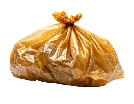 A full, amber-colored plastic trash bag, tied at the top, sits against a black background