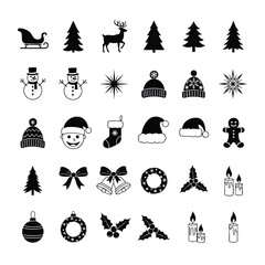 A set of black and white Christmas holiday icons featuring a sleigh reindeer snowman Santa and festive decorations.