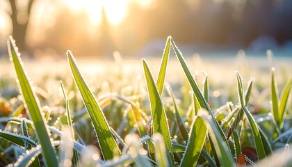 Frosty grass shines as sun rises in winter field