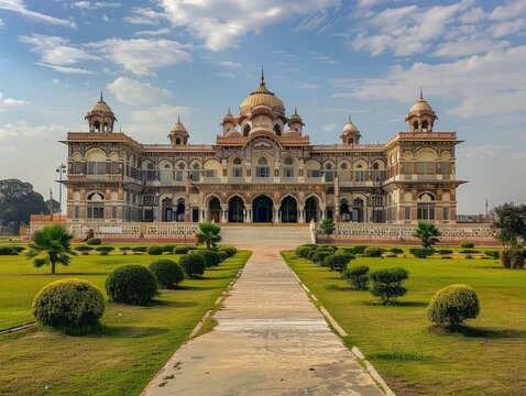 A grand palace, exhibiting Mughal architecture, stands majestically.  A paved pathway leads to its entrance, flanked by manicured lawns and trimmed shrubs. The sky is partly cloudy - Powered by Adobe
