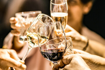 close up of wine and prosecco glasses during New Year celebration