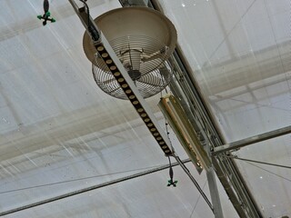 Interior view of a greenhouse ceiling with an industrial circulation fan, suspended grow lights, misting nozzles, and metal support beams under translucent mesh-reinforced roofing.