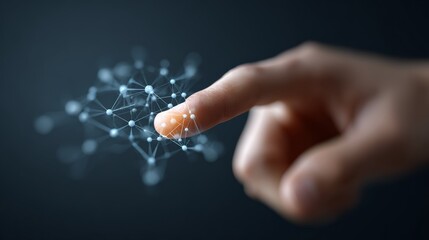 Index finger touching glowing network connections representing global communication, data transfer, and technological innovation on a dark background