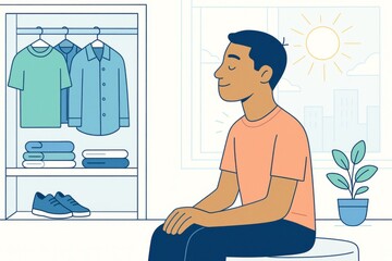 Obraz premium Man practicing mindfulness in a sunlit room with organized wardrobe and houseplant in the background, promoting mental clarity and calmness. Ai generative