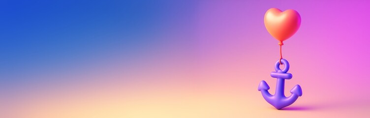 Obraz premium Heart-shaped balloon lifting purple anchor on smooth gradient background with empty space for design, concept of love and stability mockup. Ai generative