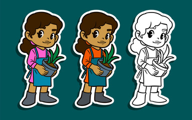Girl gardener holding a potted plant Sticker Illustration