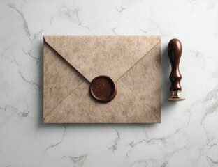 Aged envelope with wax seal and stamp on marble