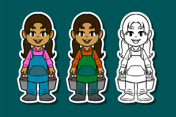 Girl gardener carrying two buckets Sticker Illustration