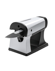 Sleek, compact electric knife sharpener; silver and black; horizontal design; blade securely held; simple operation indicated