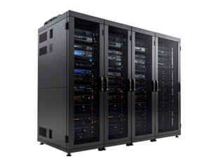 Three dark-grey, glass-fronted server racks, filled with lit network equipment, stand side-by-side on a black background