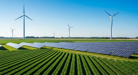 Wind turbines and solar panels provide energy over farmland in the countryside landscape.