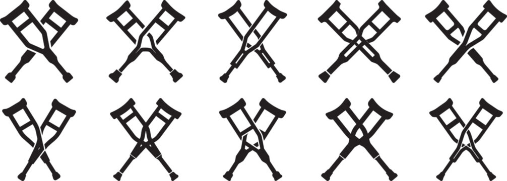 A set of Crossed crutches black and white silhouette vector illustration flat design