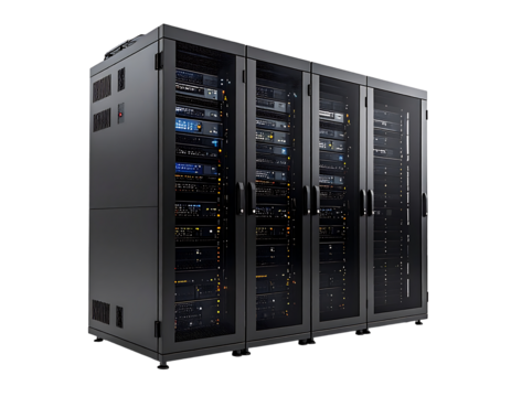 Three dark-grey, glass-fronted server racks, filled with lit network equipment, stand side-by-side on a black background