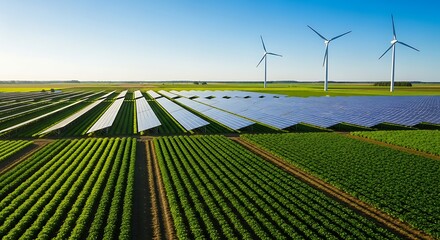 Aerial view shows an innovative farm with solar panels and wind turbines together in a renewable