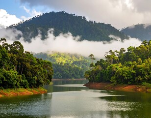 Misty rainforest lake scene