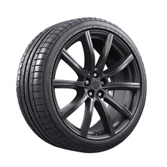 Obraz premium Sleek black car tire with a modern rim design, perfect for showcasing automotive engineering or promoting tire sales, symbolizing performance and safety