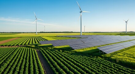 Panoramic farm vista showcasing rows of crops alongside renewable solar and wind energy sources.