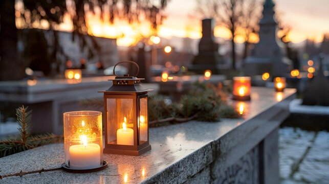 Candles and lanterns glowing on cemetery graves during sunset
