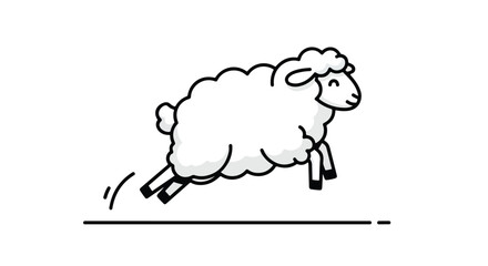 Cartoon Sheep Leaping Over a Line, Depicting Energy, Freedom, and a Sense of Whimsy in Simple Black and White Graphics