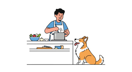 A culinary companion: Man cooking with corgi watching, evoking themes of home cooking and domestic animals friendly atmosphere and love to the animals