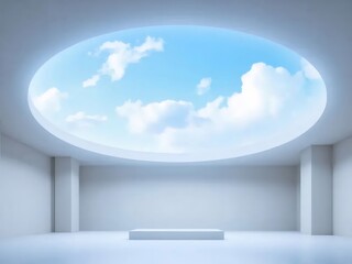 白い部屋の丸い天窓から見える青空と雲