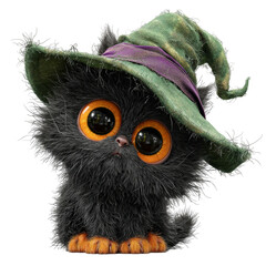 Fototapeta premium Adorable black kitten with big, bright eyes dons a whimsical witch's hat, perfect for enchanting Halloween designs and adding a touch of spooky cuteness