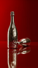 Champagne bottles still life on reflective red background. Minimal party drink compostion.