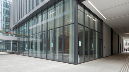 Obraz premium Modern architectural facade with expansive glass windows reflecting city life and a sleek entrance for professional business environments