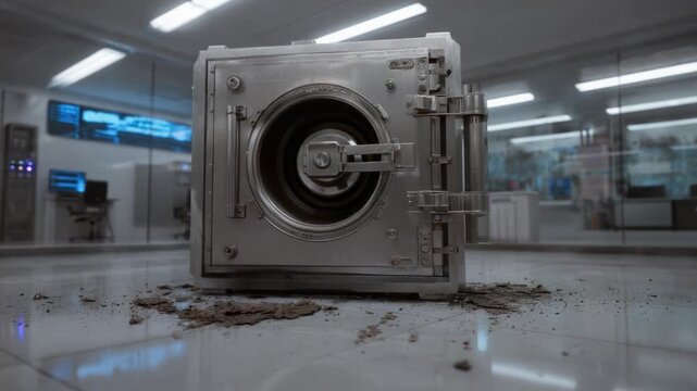 Scientific teleportation of a mysterious futuristic container into a modern laboratory, materializing with a powerful discharge of bright blue lightning and causing the floor to crack