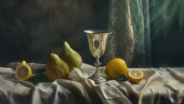 A still life featuring a silver goblet, pears, and lemons artfully arranged on a draped fabric against a dark, moody backdrop