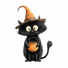 Black cat dressed in a witch hat holds a small pumpkin bucket during Halloween festivities in a playful and whimsical setting
