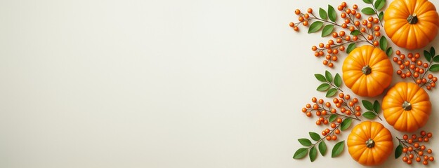 Autumn pumpkins and orange berries with green leaves on light background, right side composition with copy space for design or seasonal promotion.
