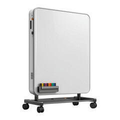Modern white dry erase board on a rolling stand with colorful markers isolated on transparent background
