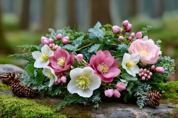 Hellebore floral arrangement creating a natural winter wreath