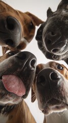 Curious group of dogs, noses pressed to the camera, creating a fun and engaging perspective. Perfect for playful pet themes.