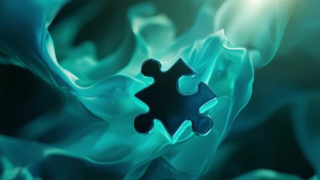 Single reflective jigsaw puzzle piece slowly rotating and descending through a mystical, ethereal teal and turquoise environment, symbolizing the last step, a crucial discovery, or a final solution