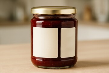 Glass jar filled with red jam and blank label on wooden table with blurred kitchen background, close-up food product packaging concept. Ai generative