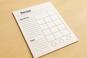 Minimalist blank recipe template with ingredients and steps section on light wood background, ideal for food planning and creative journaling. Ai generative