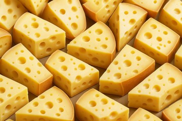 Seamless pattern of Swiss cheese slices arranged in a uniform layout with soft light on a neutral background. Food concept image with holes detail. Ai generative