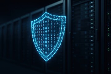 Digital Fortress: A luminous digital shield superimposed over a server room, epitomizing cybersecurity and data protection in a technologically advanced world.