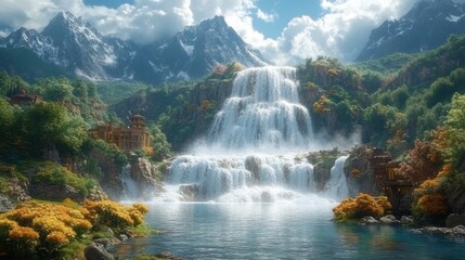 Fototapeta premium A cascading waterfall flowing through a stunning canyon landscape