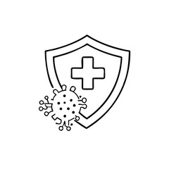 immune from flu germ icon in line style, virus protection vector isolated on white background, hygiene shield, bacterial prevention, immune business concept,