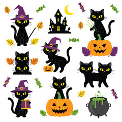 Fototapeta premium Collection of cute cartoon black cats celebrating Halloween with pumpkins witch hats and a haunted house.