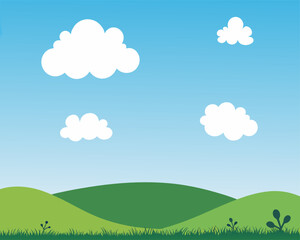 Obraz premium Beautiful landscape background Vector, Fresh background with green grass blue sky with clouds dream field vector realistic seamless pattern.