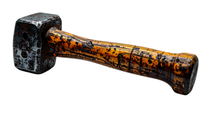 Weathered hammer with a squared head, showing significant rust and wear, and a long, intricately-grained, stained wooden handle