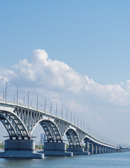 The bridge through the river Volga. Saratov.The bridge over the Volga River between the cities of Saratov and Engels. Panorama of the city and the Saratov bridge across the Volga river. Russia. 