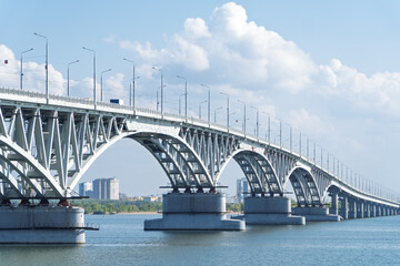 The bridge through the river Volga. Saratov.The bridge over the Volga River between the cities of Saratov and Engels. Panorama of the city and the Saratov bridge across the Volga river. Russia. 